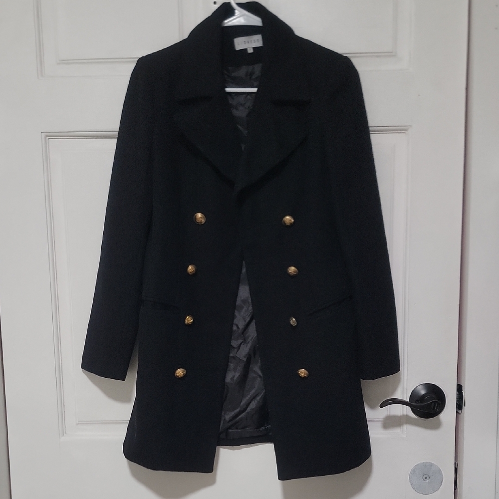 Lioness Like New Black Pea Coat with Gold Buttons & Pockets 35% Wool Limited Ed.